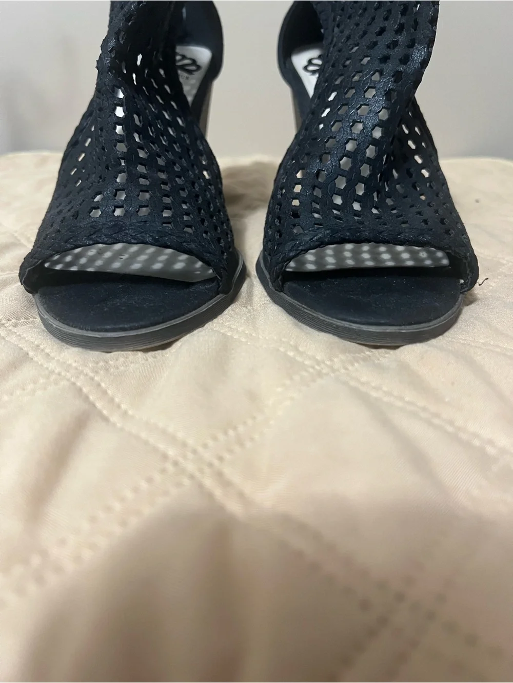 Perforated Black Peep-Toe Wedge Booties - Unbranded